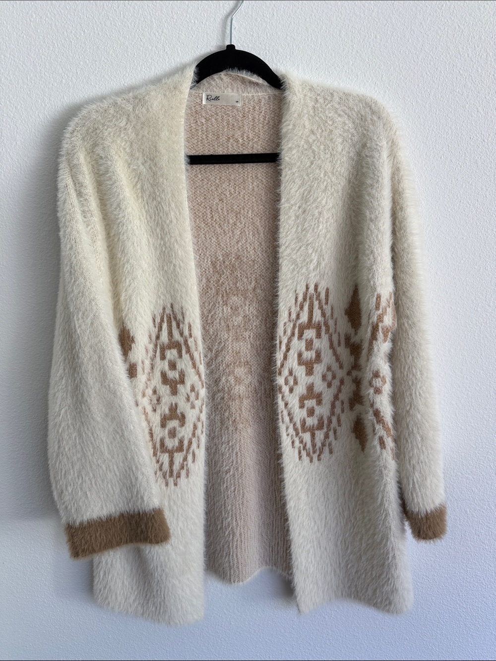 Ruelle Fuzzy Southwestern Cardigan Cream Tan Open Front Sweater S/M